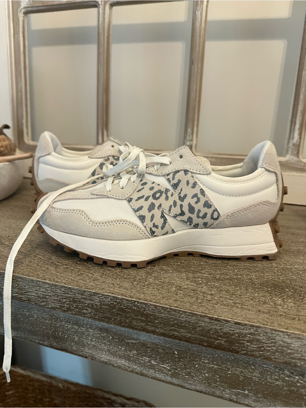 New Balance 327 Women's White & Light Gray Leopard-Accent Athletic Sneakers